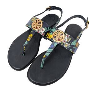 Tory Burch Miller Floral Sandals Navy Gold Logo Leather 8